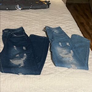 Distressed Blue and Dark Blue Jeans